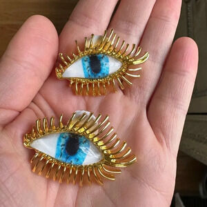 Anthropologie Gaze Blue Eyes Gold Abstract Protection Magic Earrings